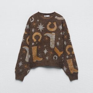 Zara Cosmic Cowgirl Glitter Western Crewneck Sweater